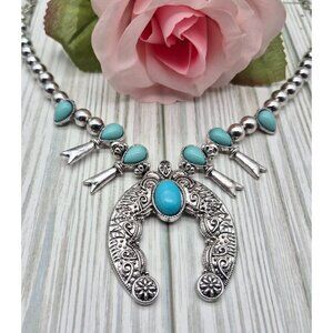 NWOT Silver Tone & Faux Turquoise Blue Horseshoe Necklace 24" Western Tribal